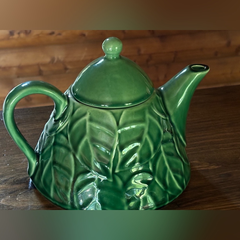 Vintage Pier-1 Imports Teapot Jade Leaves Green Stoneware Pier One Collection 7" - Picture 4 of 8